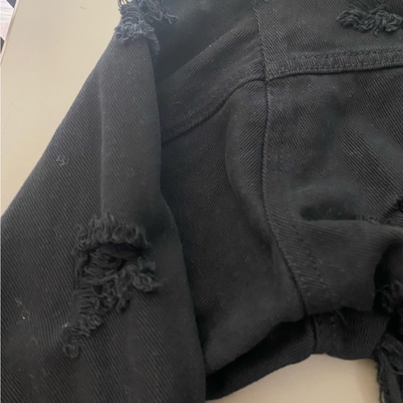 Distressed fringed black crop Jean jacket M - Picture 6 of 9